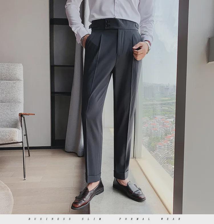 Men's Brown Slim Fit High-Waist Trousers - Naples Collection (Nine-Point, Straight Drape, Business Casual)