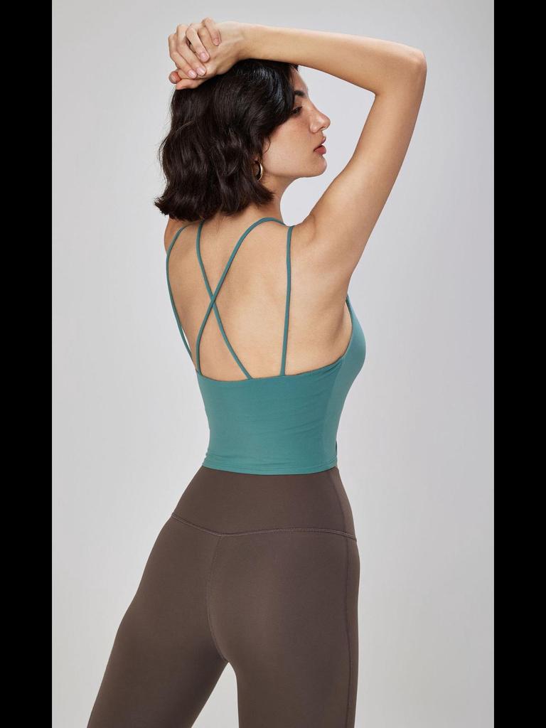 Damen Sportweste für Frühling & Sommer: Schlankmachender Yoga-BH mit Doppelträgern & Nudes Fitness-Top