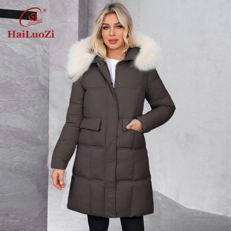 HaiLuoZi 2024 New Women's Winter Coat Faux Fur Collar Hooded Thickened Organic Cotton Jacket Solid Color Large Pockets Ladies Jacket 626