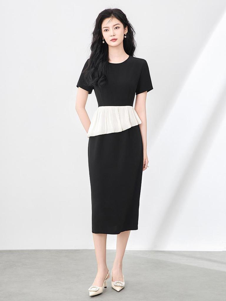 Women's Summer Satin Panel Ruffle Short Sleeve Dress - Bright Silk Waist-Gathering