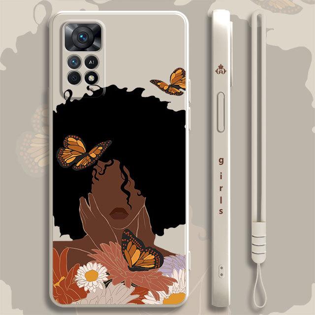 Hübsches afrikanisches Mädchen Gänseblümchen Blume Schmetterling Flüssighülle für Xiaomi Redmi Note 11 11t 9 9s 8 10 Pro für Redmi 8 9t 9a 9c 10c Abdeckung