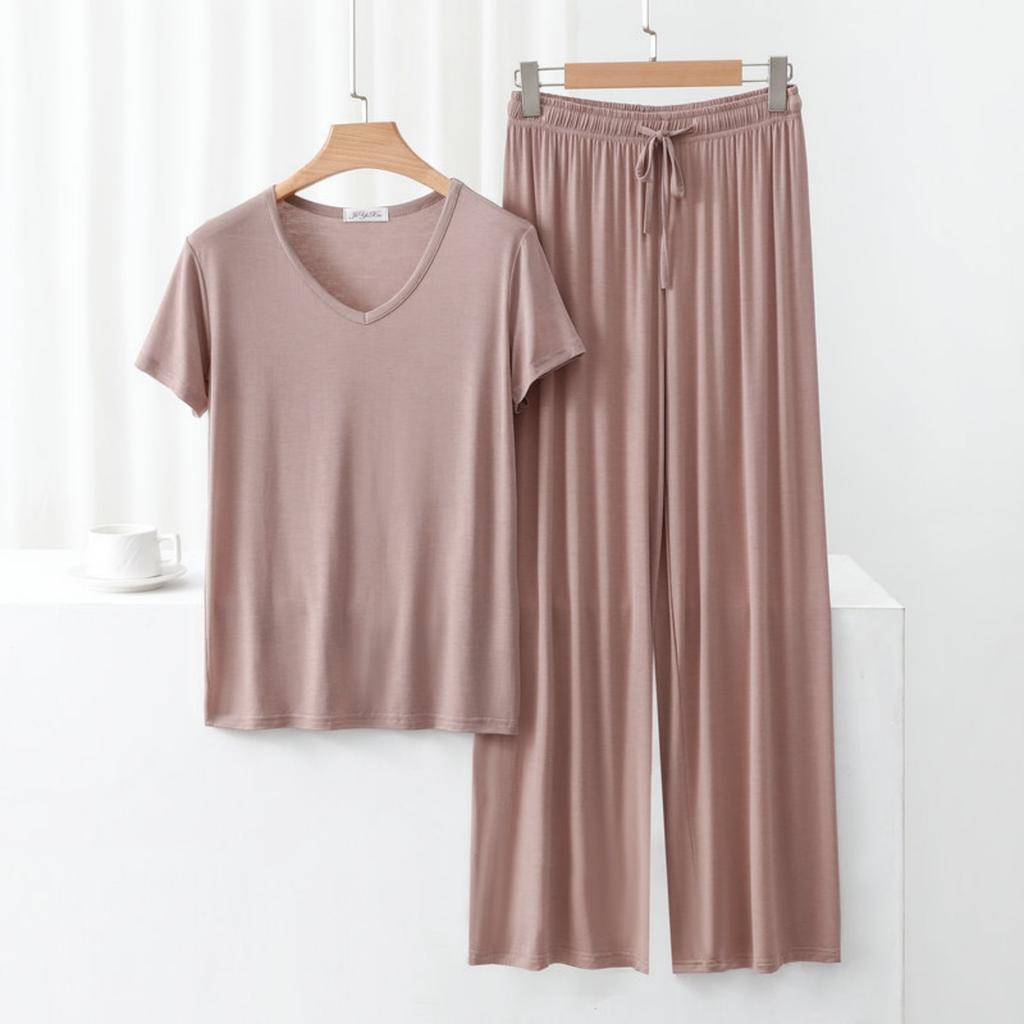 Women's Round Neck Suit Large Size Outer Wear Casual Top Wide Leg Trousers Thin Pajamas