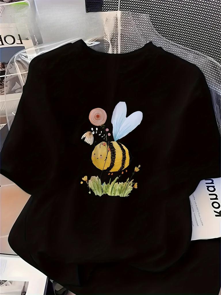 Unisexs Casual Short Sleeve TShirt with Cute Bee Floral Print Round Neck Summer Essential Top Print Top Fashion Unisex Clothing