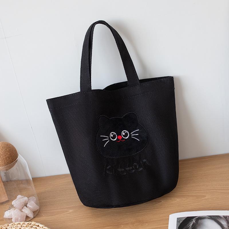 Women's Versatile Embroidered Canvas Tote Bag - Kitten Design, Handheld, Portable, Perfect for Moms or Lunch Storage