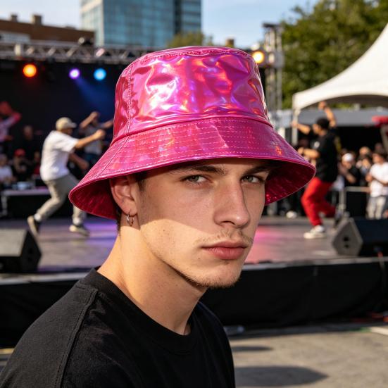 Eimerhut, Dreidimensionaler Breiter Rand Fischerhut, Wasserdichter Kunstleder Cooler Metallischer Glanz Sonnenhut, Bühnenperformance Hut für Hip-Hop