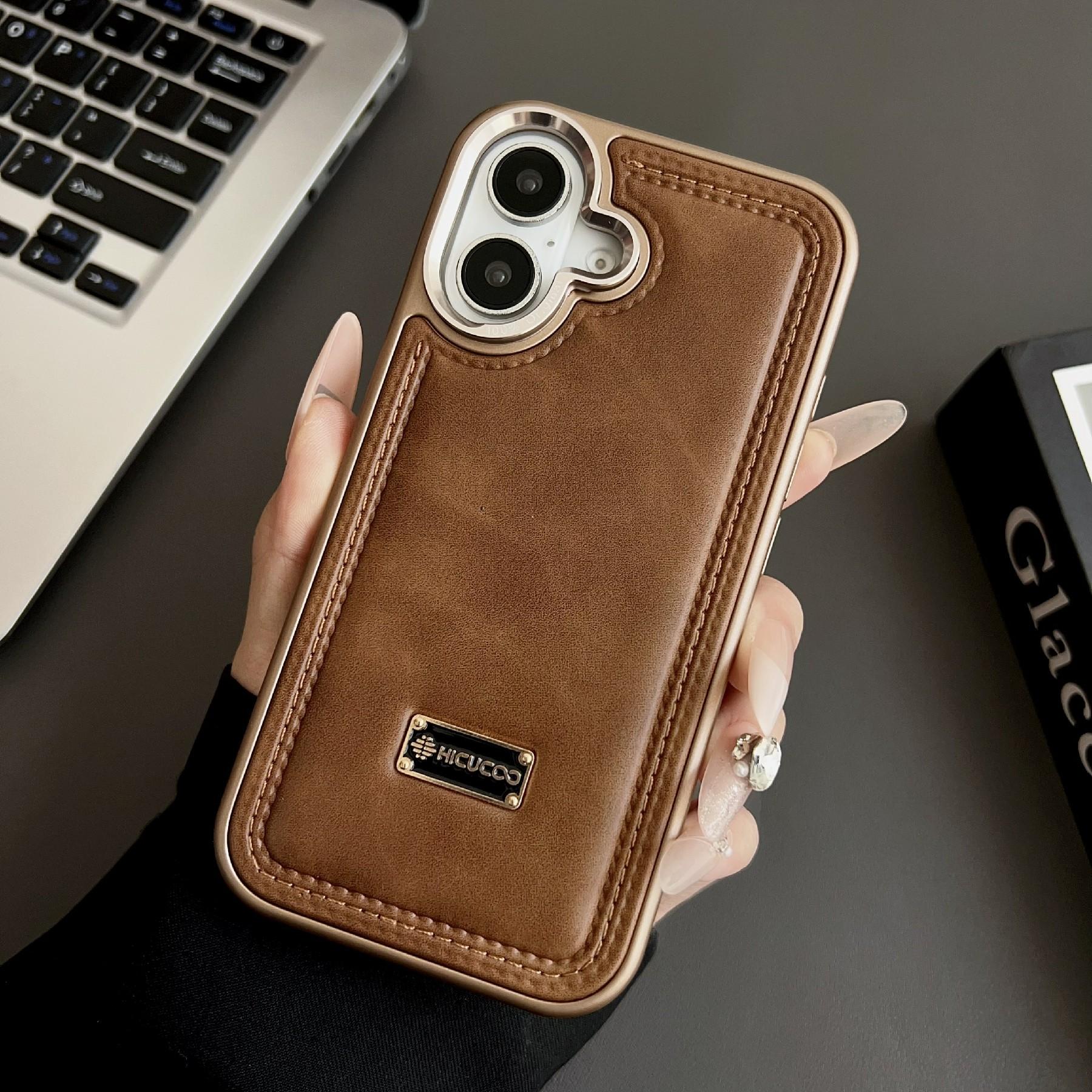 

For iPhone 16 Case PC+PU Leather Shockproof Phone Back Cover Brown