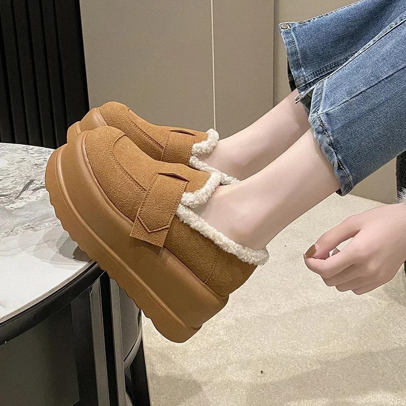 Fashion Women Thick Sole Snow Sneakers New Winter Slip-on Plush Warm Cotton Shoes Woman Outdoor Non Slip Fluffy Platform Fur Shoes 7.5CM