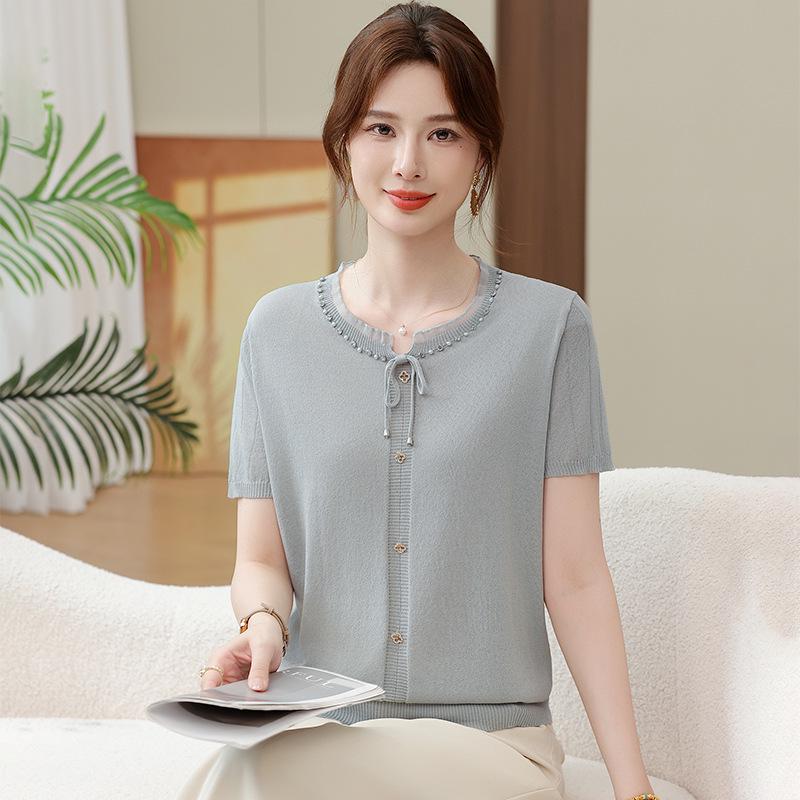 

Summer Knit Ice Silk Top for Women (Middle-Aged & Elderly) 3XL (Recommended for 60-67.5 kg) серый/зелёный