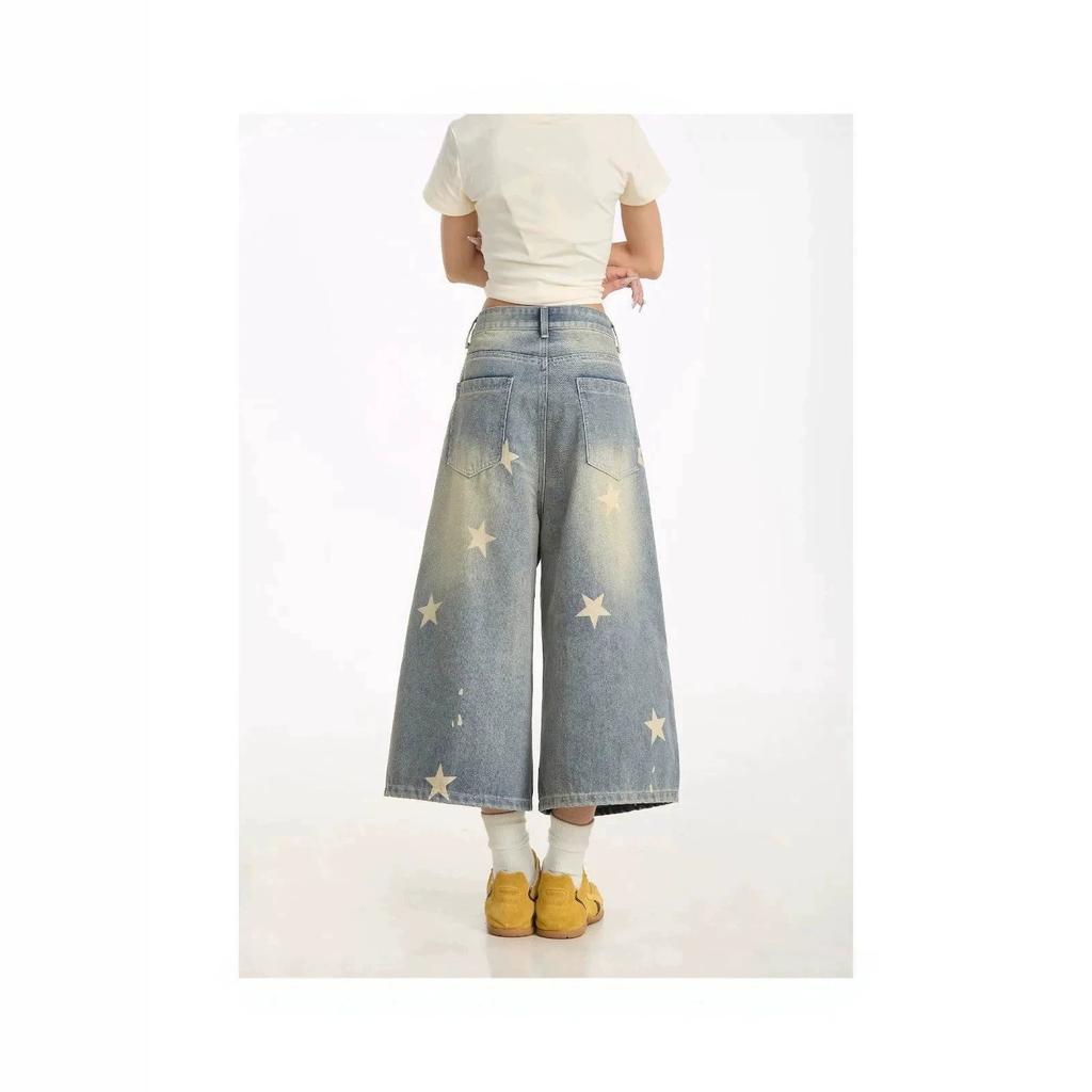 Women's High Waisted Star Print Cropped Jeans Loose Wide Leg Retro Washed Denim Culottes
