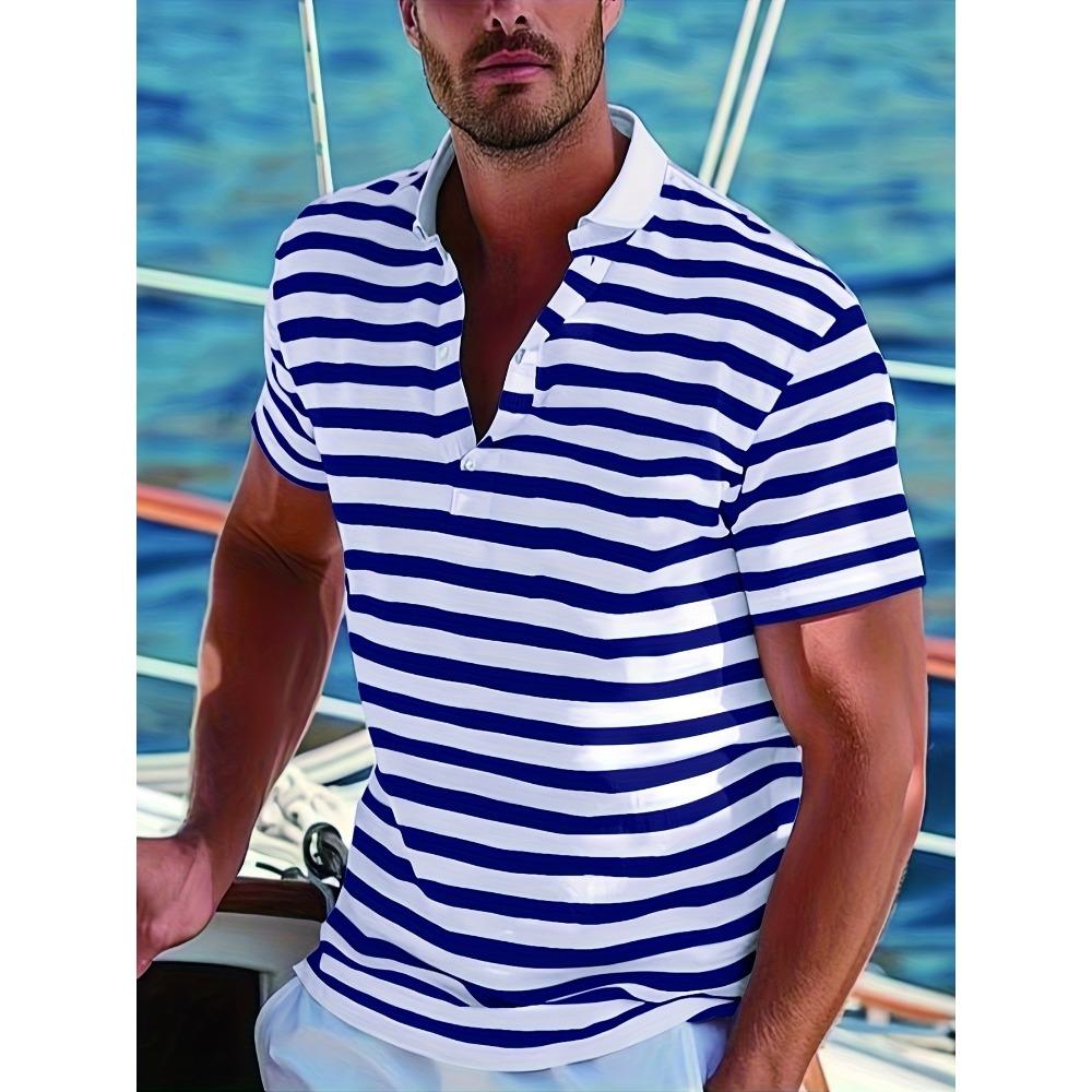 Cross Border New European and American Striped Printed Men's Casual Short Sleeved Polo Shirt Popular In Summer
