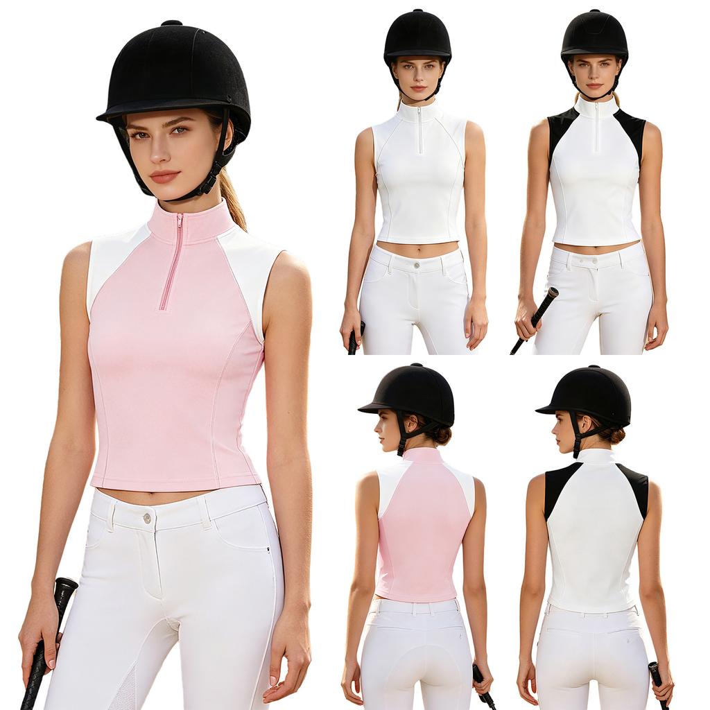 Women Color-blocked Equestrian Shirt Zip-up Stand Collar Sleeveless Quick Dry Tank Top for Horse Riding Golf Tennis Sports