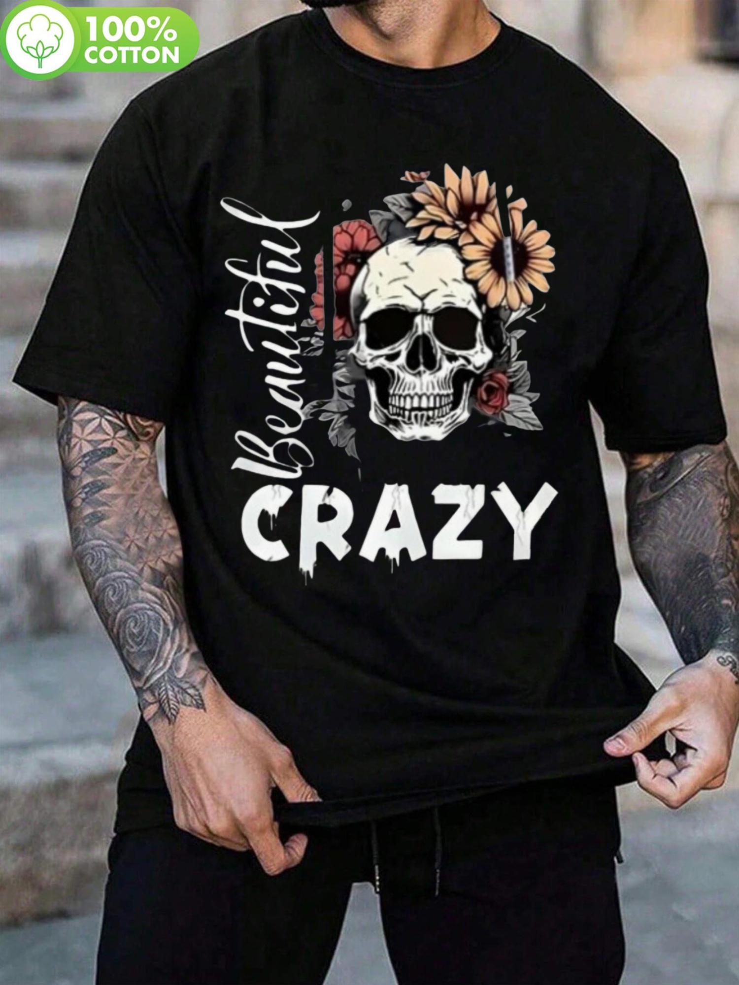 1pc Beautiful Crazy Skull Floral Graphic T-shirt - 100% Cotton XXXXL
