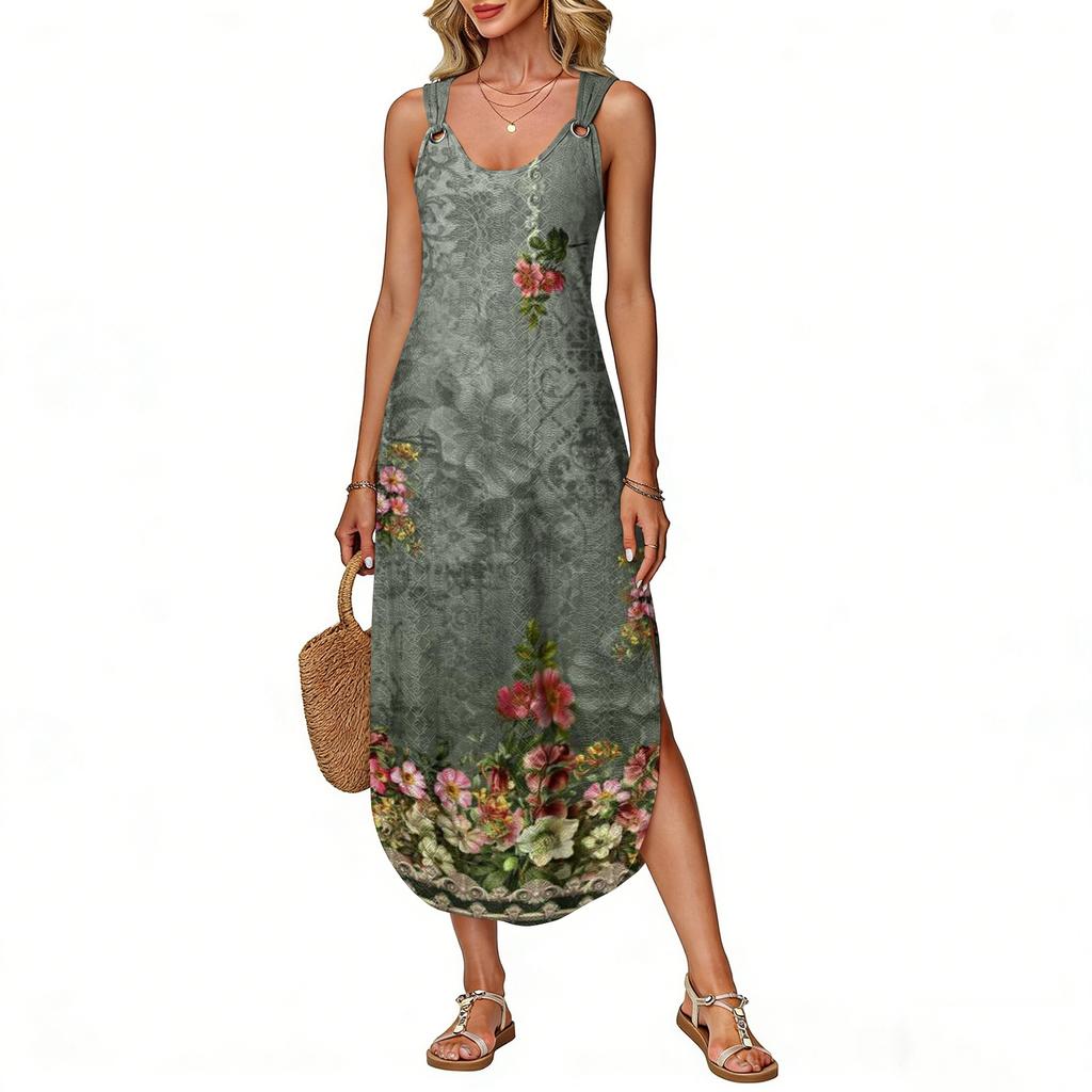 Women's summer long dress, sleeveless with side slits, long retro printed camisole dress