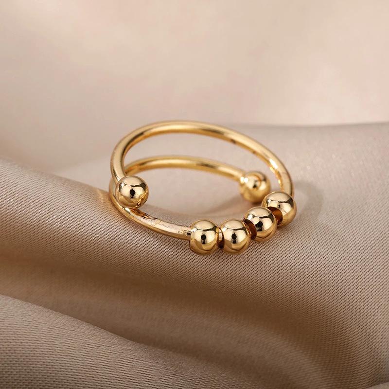 Fashion Anxiety Fidget Rings Adjustable Stainless Steel Tarnish Free Silver 18K Gold Color Rotatable Beads Women Jewelry