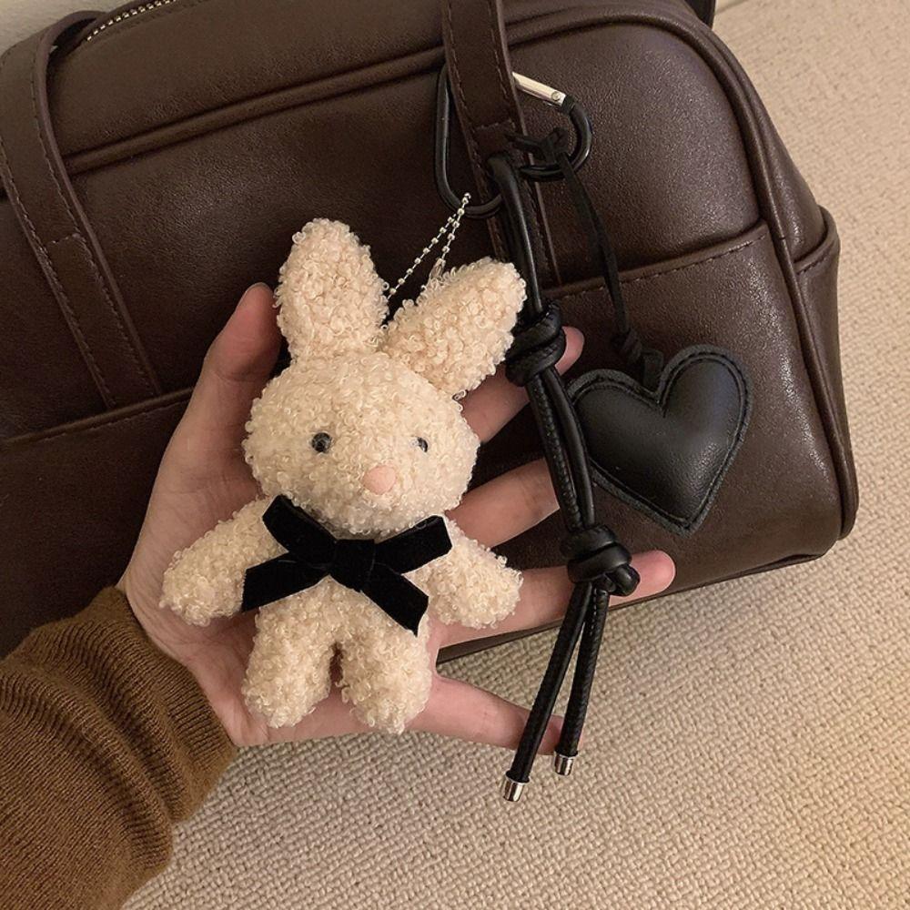 Cute Plush Bunny Keychain Cartoon Doll Kawaii Leather Heart Pendant Bag Charm Couples