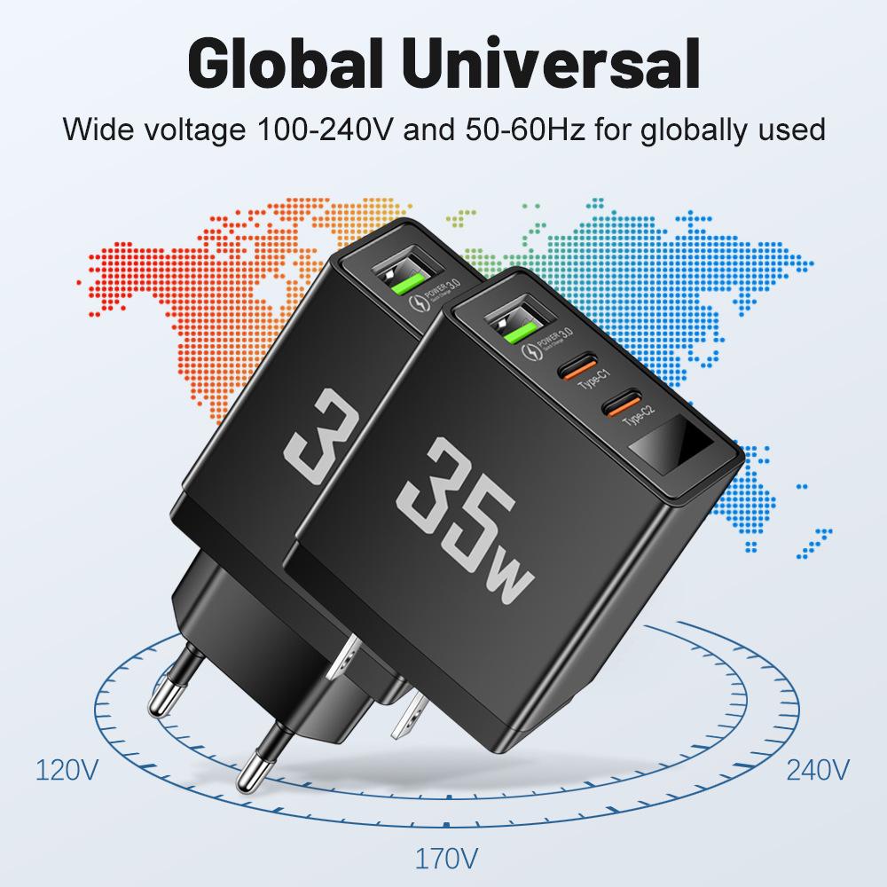 Intelligentes Multi-Port-Ladegerät mit 1 USB- und 2 Typ-C-Anschlüssen, Digitalanzeige
