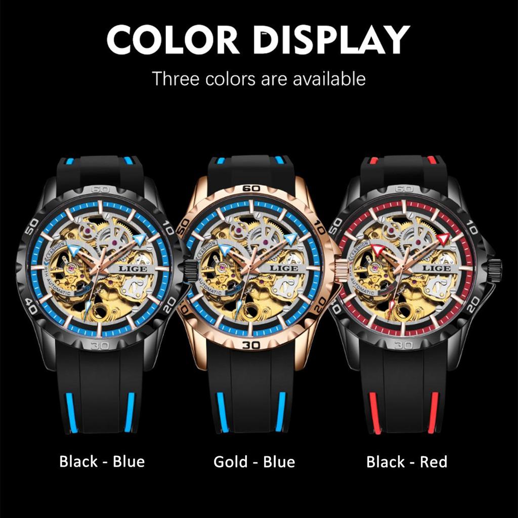 LIGE Top marca nova relógio mecânico criativo oco design pulseira de silicone masculino relógio mecânico esportes lazer nightlight à prova dwaterproof água relógio masculino