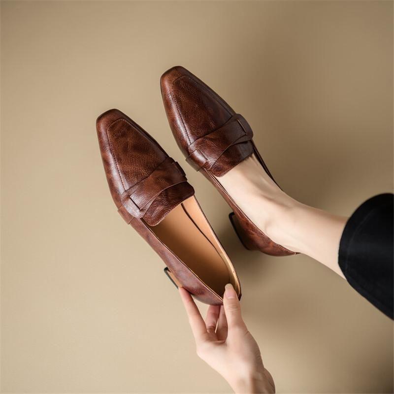 Fashion 2024 Spring Genuine Leather Women Shoes Square Toe Chunky Heel Women Pumps Shoes for Women Low Heels Loafers Shoes Zaptos Mujer