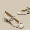 Fashion Spring Summer New Butterfly Knot Thick Single Shoes Square Toe Shallow Mouth Fashionable Elegant Simple Versatile High Heels