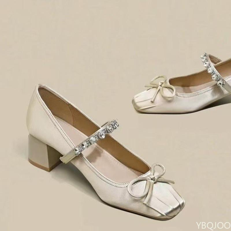 Fashion Spring summer new butterfly knot thick single shoes square toe shallow mouth fashionable elegant simple versatile high heels