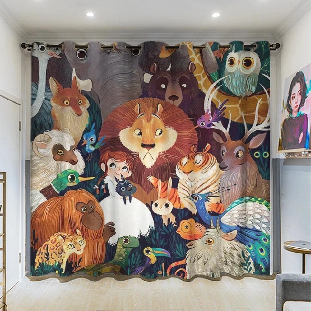 High Shading Curtains Cartoon Green Zoo Animal Children's Room Bedroom Boys Girls Blackout Thickened Hole Kindergarten New Style