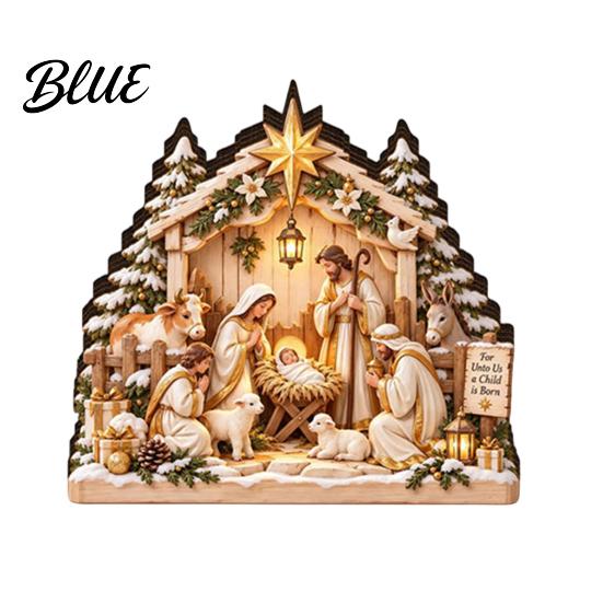 Rustic Farmhouse Christmas Decor Nativity Scene Table Decoration with LED Light 2D Flat Wooden Tabletop Sign Decorations Light Up Tiered Tray