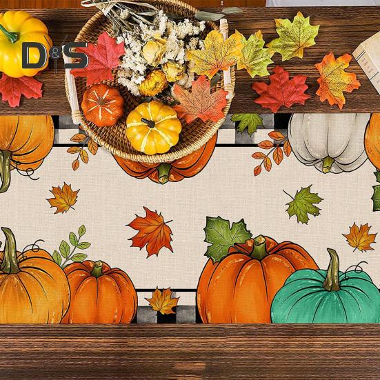 Thanksgiving Party Table Runner Pumpkin Sunflower Print Stain-Proof Reusable Table Protection Decoration Hotel Prom Banquet Table Runner