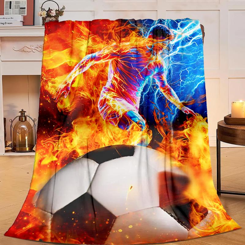 1PC Football Player In Flames Flannel Blanket Gift, Suitable for Both Men And Women, Soft Ideal for Beds And Sofa, Birthday Or Christmas Gift