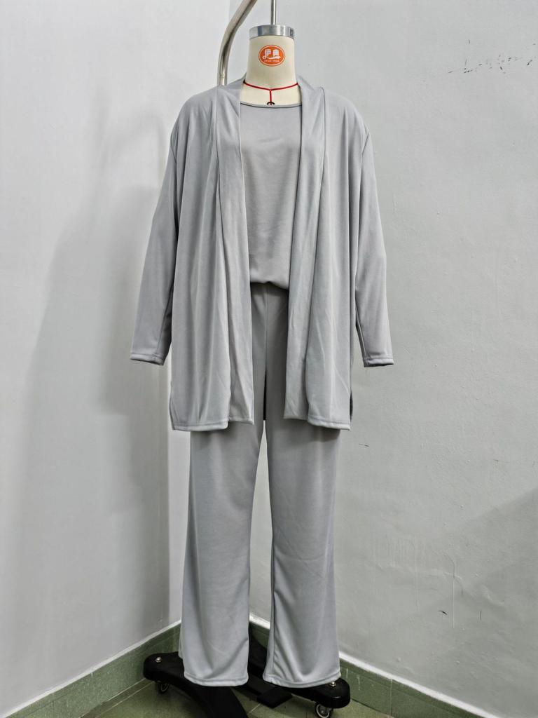 Ensemble trois pièces unicolore pour femme Printemps/Automne 2026: Haut à col rond, Manches courtes, Pantalon long, Manteau de longueur moyenne