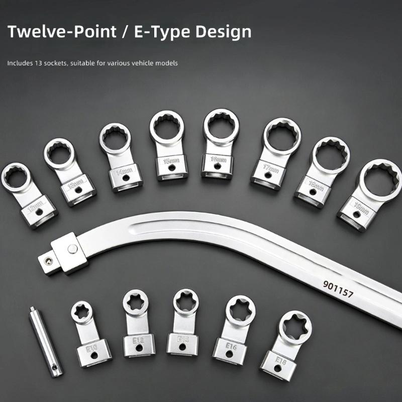 Engine Pulley Wrench Tool with Curved Handle, 45 Steel 12-Point Heads and Positioning Pin for Tensioner Service