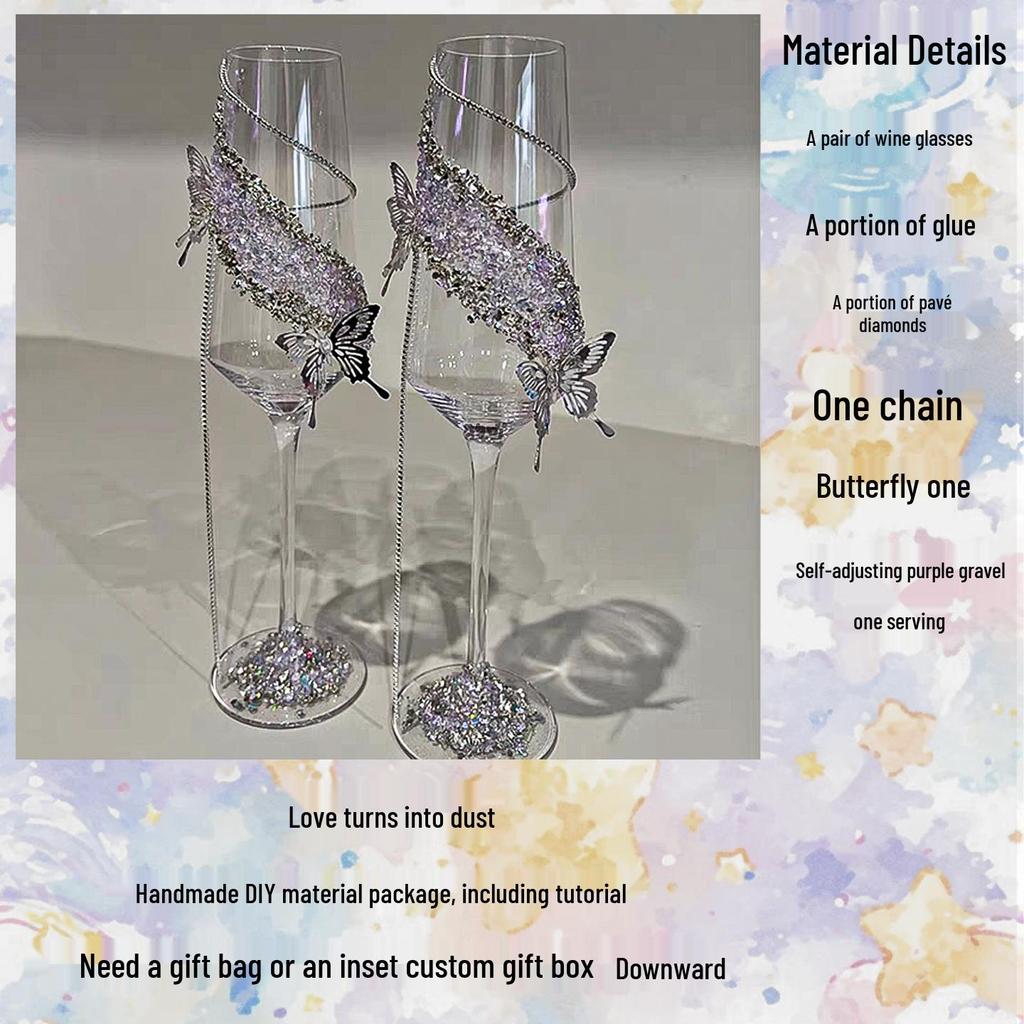 DIY Crushed Diamond High-Stemmed Wedding Toasting Glasses Pair - Handmade Bride & Wedding Gift