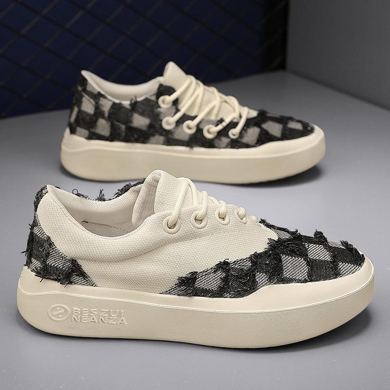 Summer Canvas Shoes, Men's Casual Board Shoes, Trendy Shoes, Cloth Shoes, a Pair of Denim Checkerboard Plaid Trends, Versatile Student Shoes