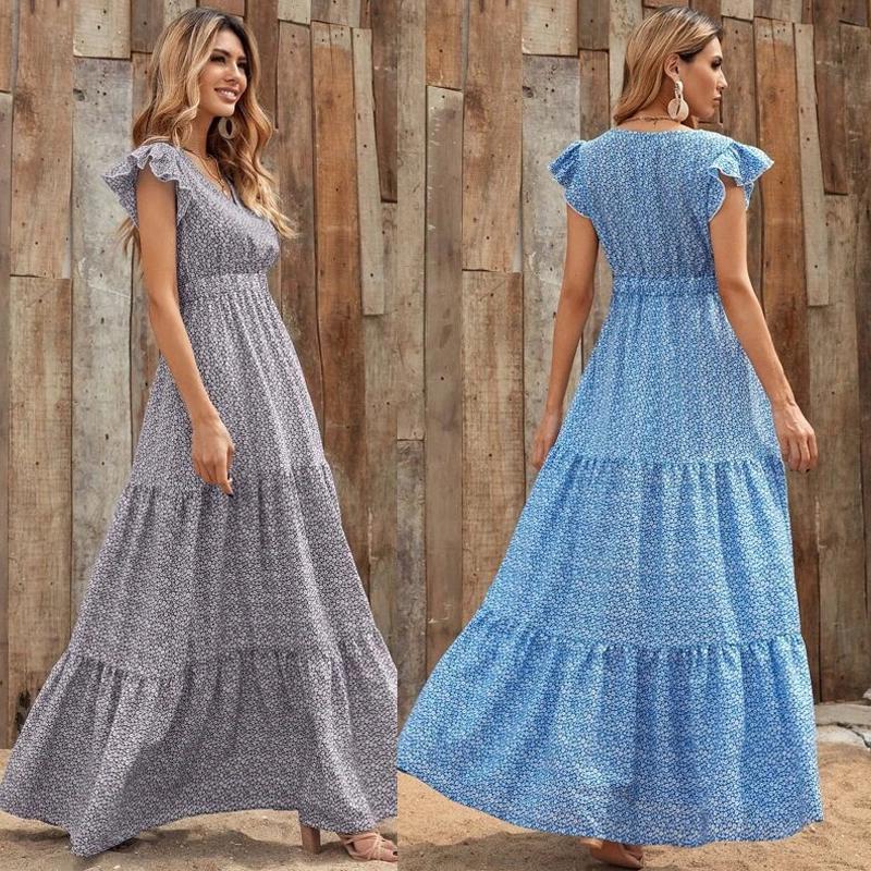 Women Maxi Dress Long Floral Print Ladies Summer V Neck Casual Holiday Sundress