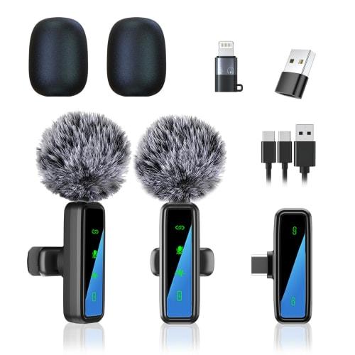 Dual wireless microphone, USB rechargeable, with noise reduction, and two windscreens included, black