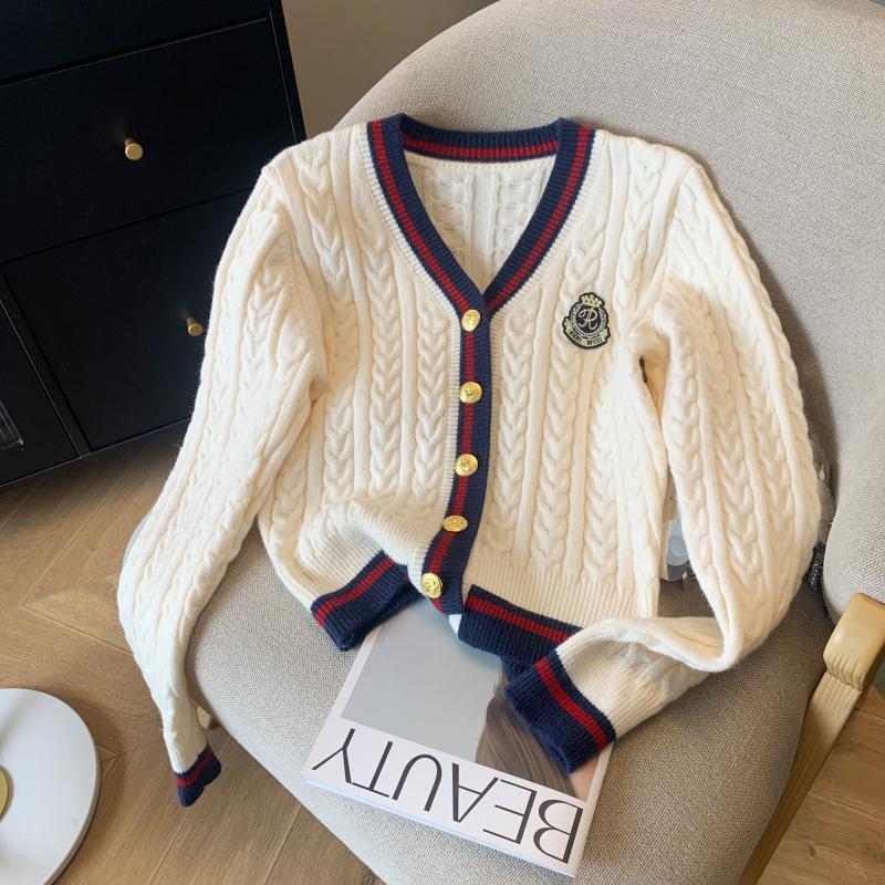 Womens V-Neck Color-Block Knit Cardigan Sweater