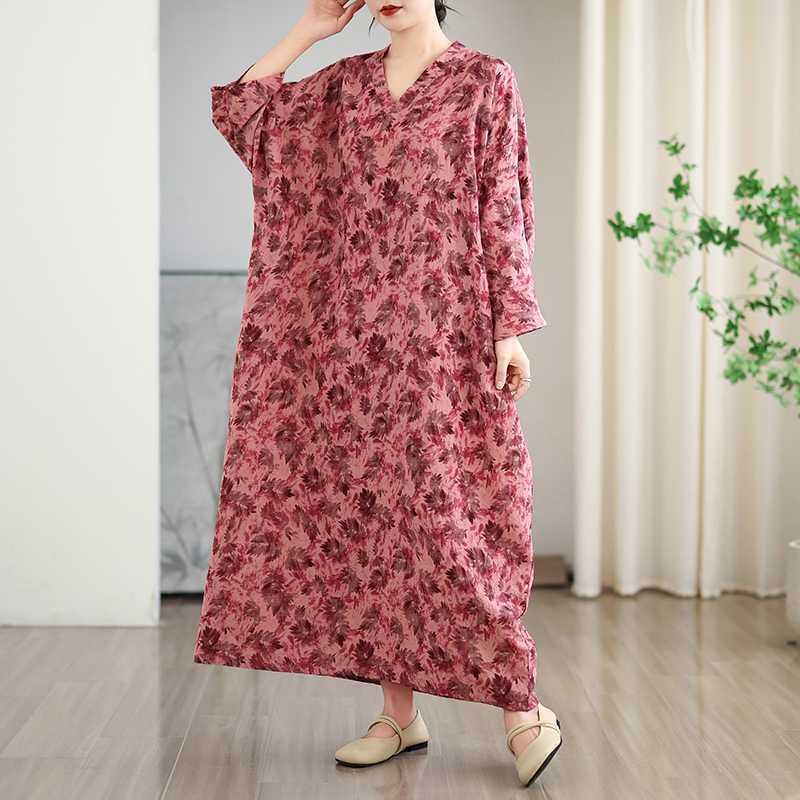 Vacation Style V-neck Long Skirt Cotton Linen Dress
