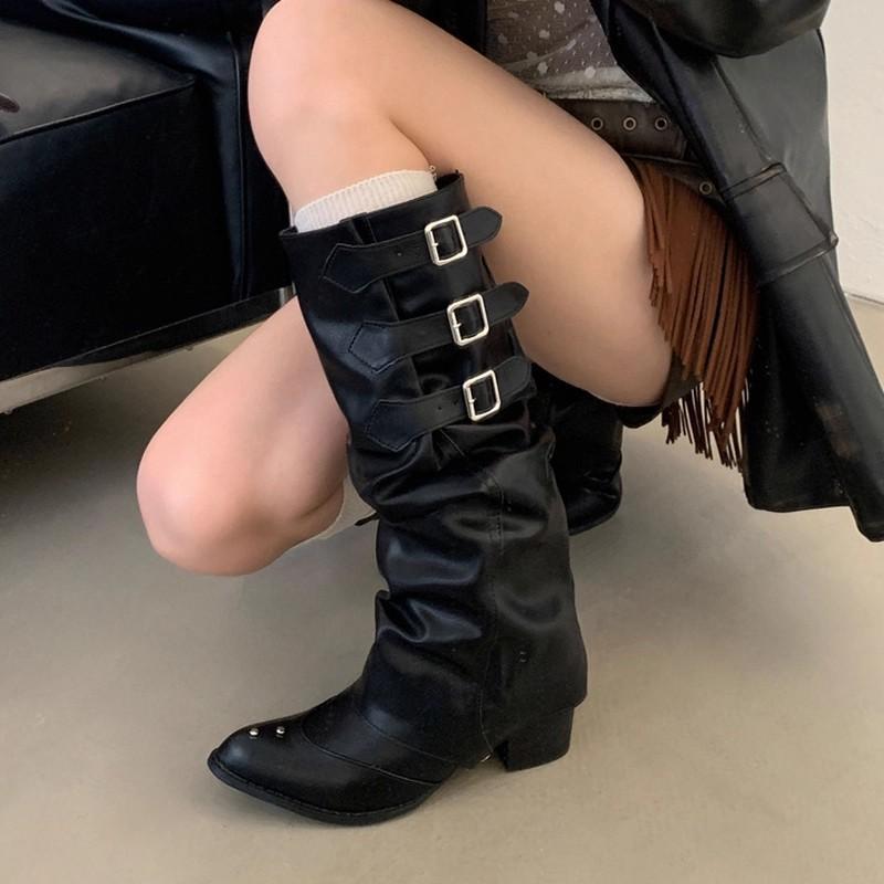 Two Belt Buckle Long Tube But Knee Long Boots Punk Pointed Western Cowboy Boots Retro Tall Knight Boots