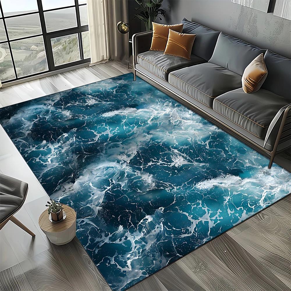 2025 New Style Blue Green Sea Wave Seawater Nature 3D Carpet Rug for Living Room Bedroom Home Sofa Decoration,Non-slip Floor Mat