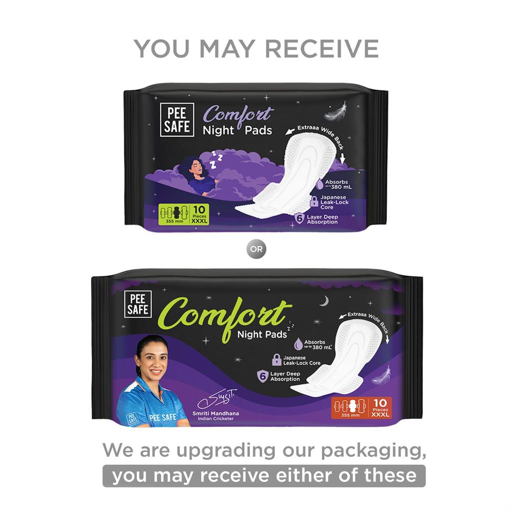 Pee Safe Comfort All Night Pads | 10 Pads 3 XL - 355mm | Extra Wide Back with Dual Wings | 6 Layer Deep Absorption | Japanese Leak-Lock Technolog