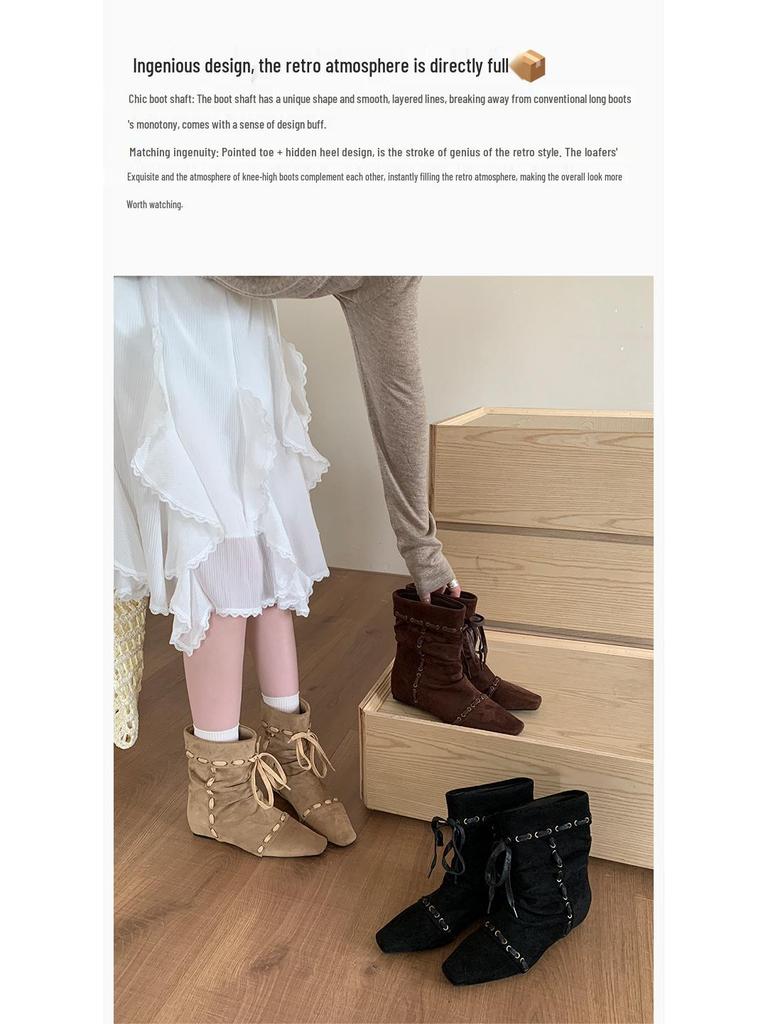 Damen Retro Western Plissee Stiefeletten mit eckiger Spitze und Innensohle, dünnes Riemendesign für Herbst und Winter.