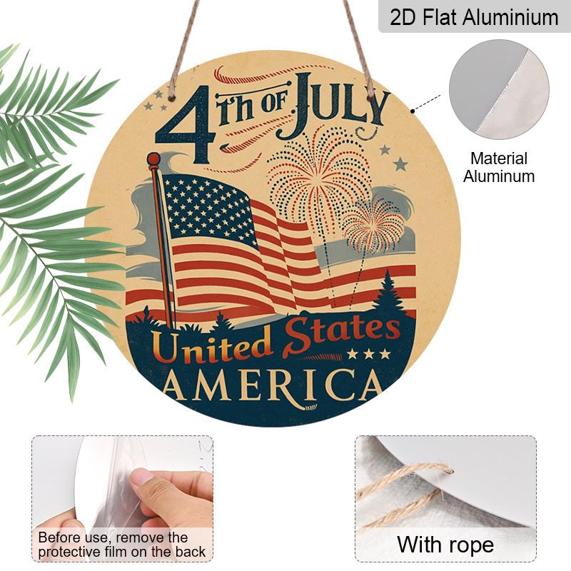 2D Flat 1pc, 8x8 In, Independence Day Celebration Themed Round Aluminum Metal Sign; Front Door Porch, Living Room, Bedroom Home Decor, Country Style