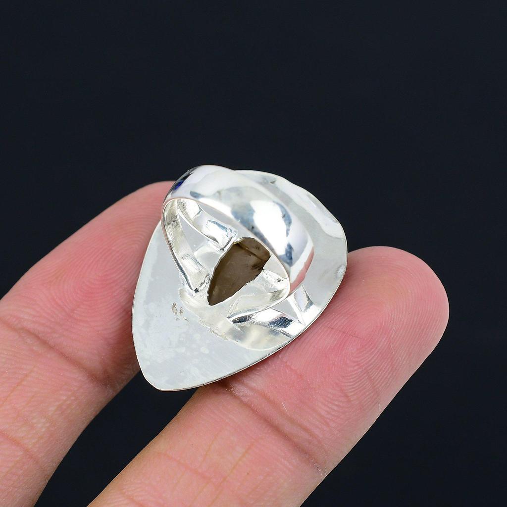 Sterling Silver Pear Natural Plume Agate Elegant Statement Ring Jewelry US 6.5