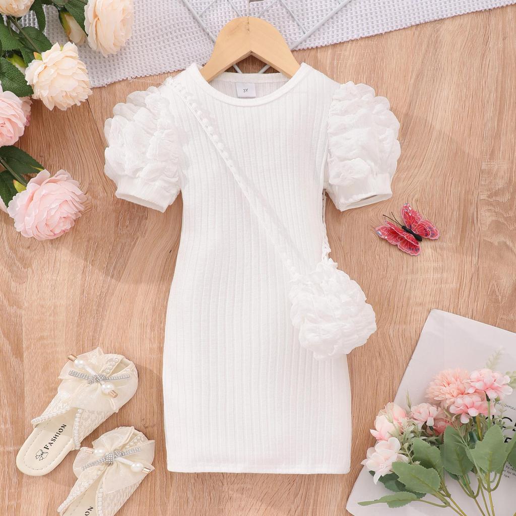 Kids' Lightweight Bubble Dress: Short Sleeve, Round Neck, Solid Color with Bubble Pockets