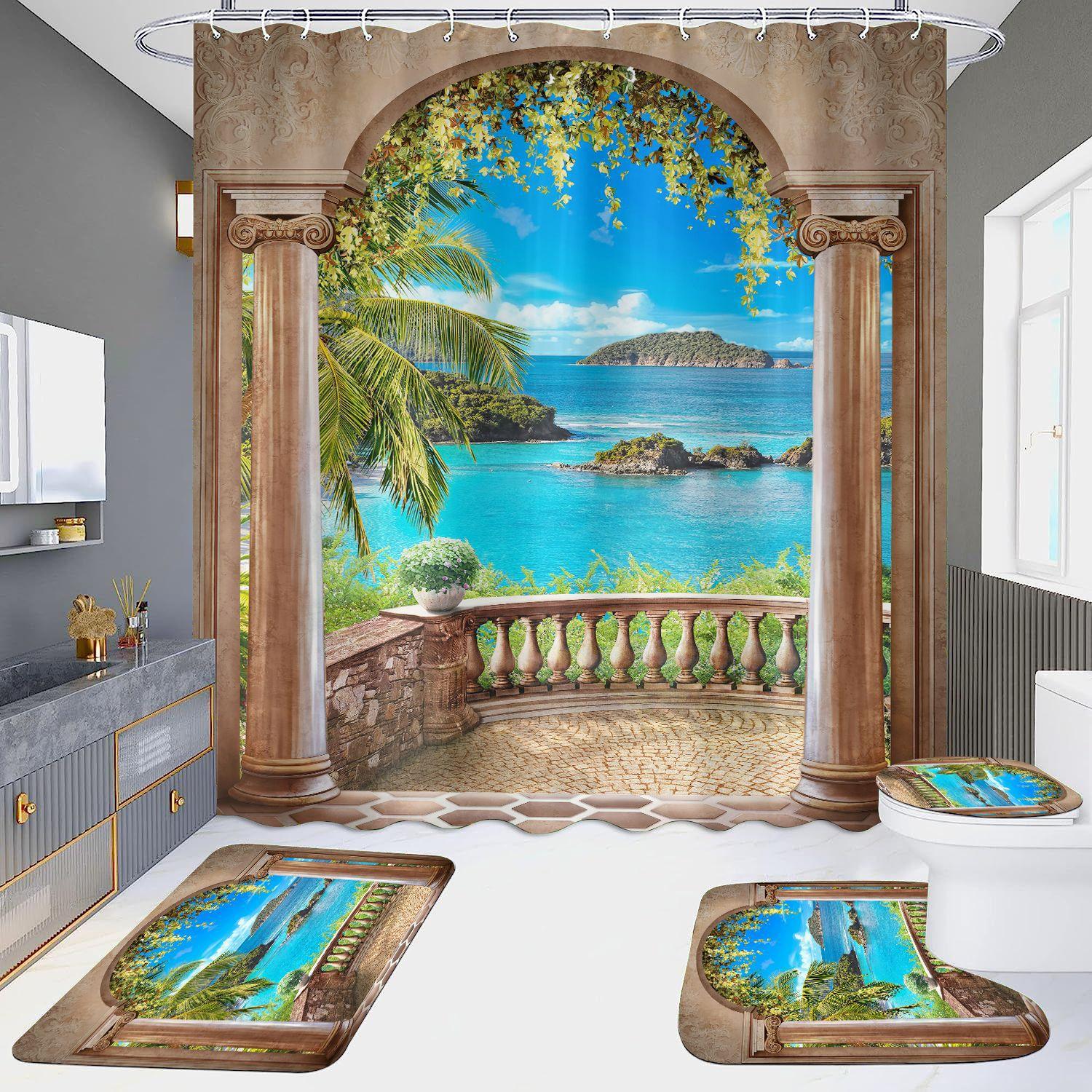 

4 шт., наборы занавесок для душа в европейском стиле с архитектурой замка Мандала для ванной комнаты, нескользящие коврики для ванной комнаты, крышка для унитаза, коврик для ванной