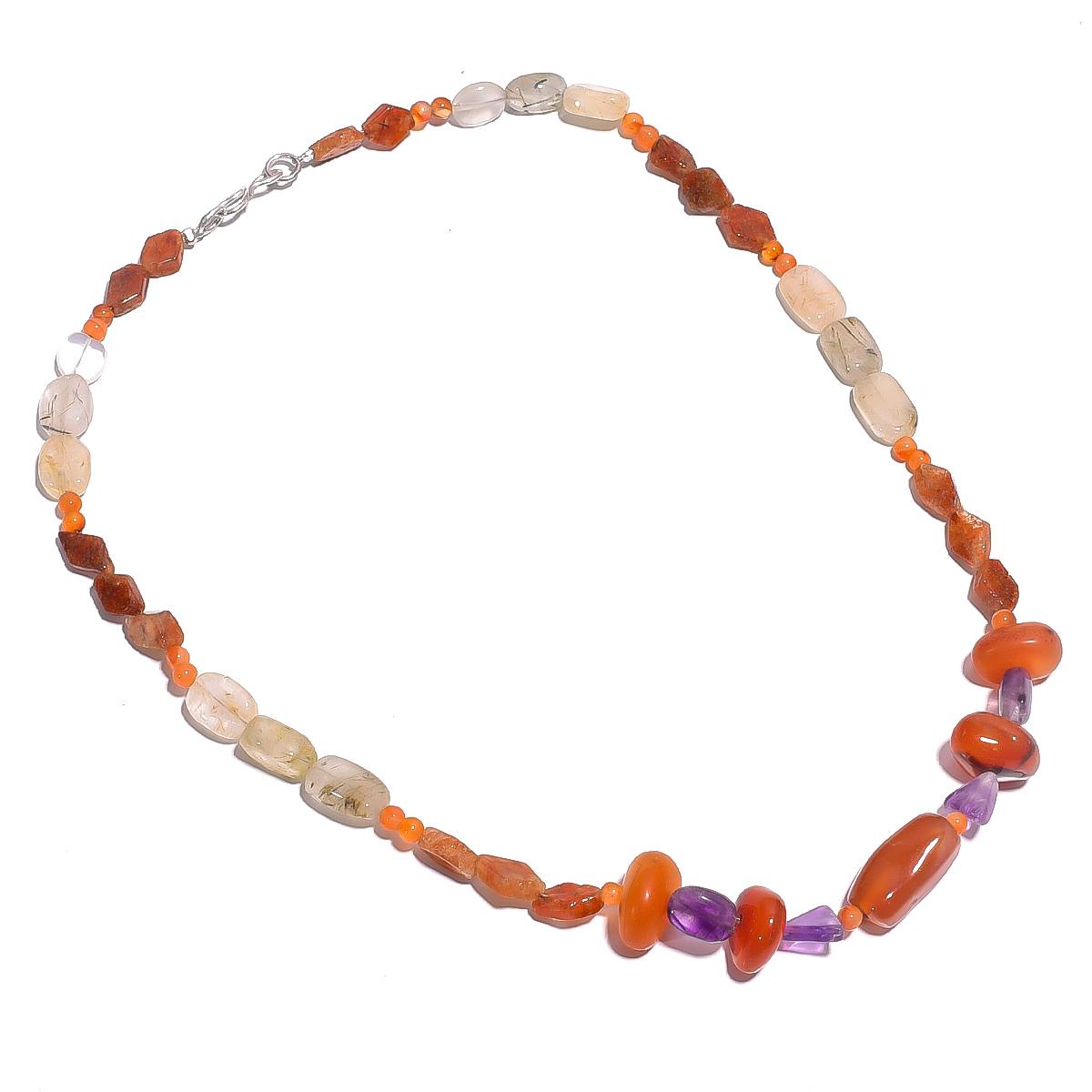 

Natural Carnelian Rutile Quartz Amethyst Gemstone Beads Necklace 17 UB-4275 UB-4275