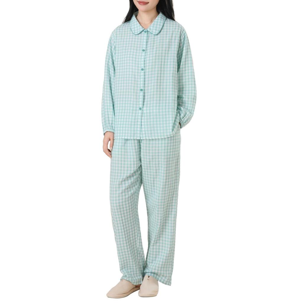 Yes Family Double Gauze Long Check Size Green Women's Pajamas, 100% Cotton, Sleeves, Loungewear, Pants, Pattern, L,