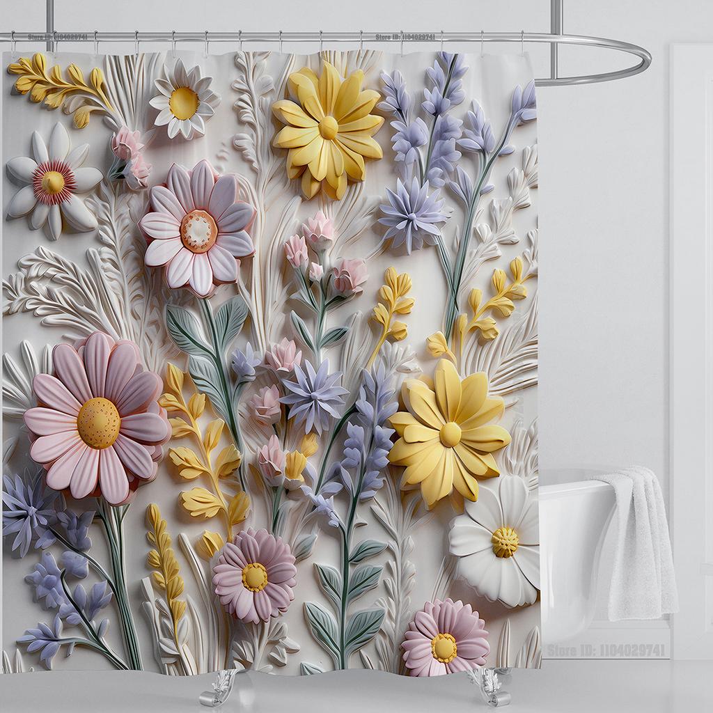 3D Floral Shower Curtain Set Orange Flower Design Fabric Bathroom Decor Waterproof Washable Shower Curtain Set with Hooks