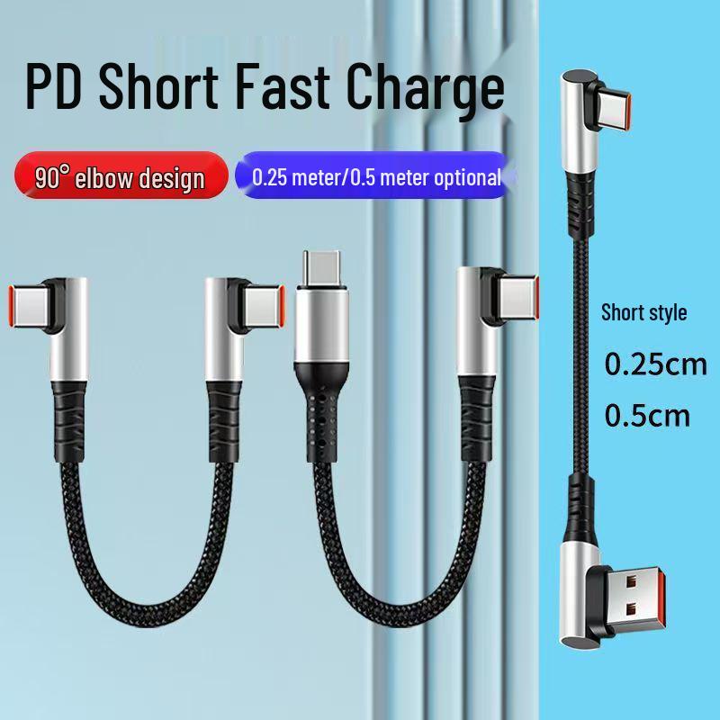 0,25 m Vinkel Type-C Superrask Ladekabel – 0,5 m Bil-/Datakabel for Powerbanks og Mobilspilling
