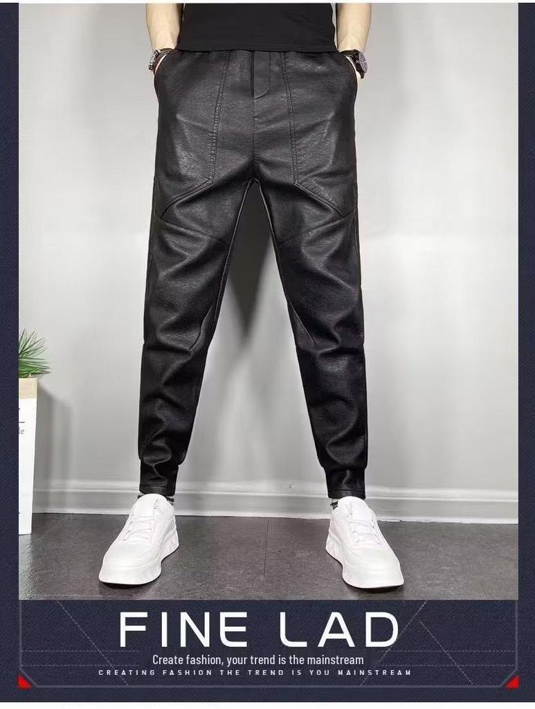 Men's Trendy Casual Elastic Slim-Fit Leather Motorcycle Harem Pants with Multi-Pockets for Fall/Winter.