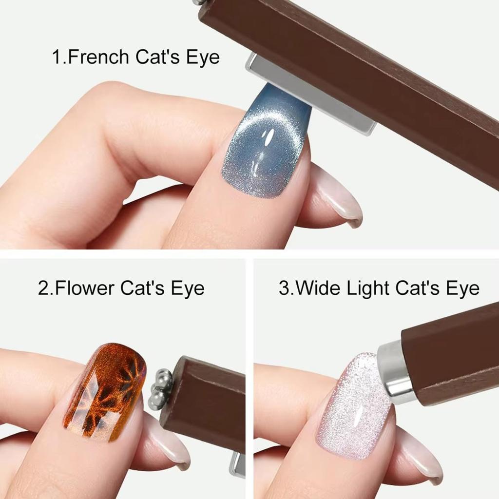 JERCLITY 1 Piece Wooden Handle Cat Eye Magnet for Nails 3 in 1 Cylindrical Nail Art Magnet Powerful Multifunctional Nail Art Magnet for Cat Eye Gel